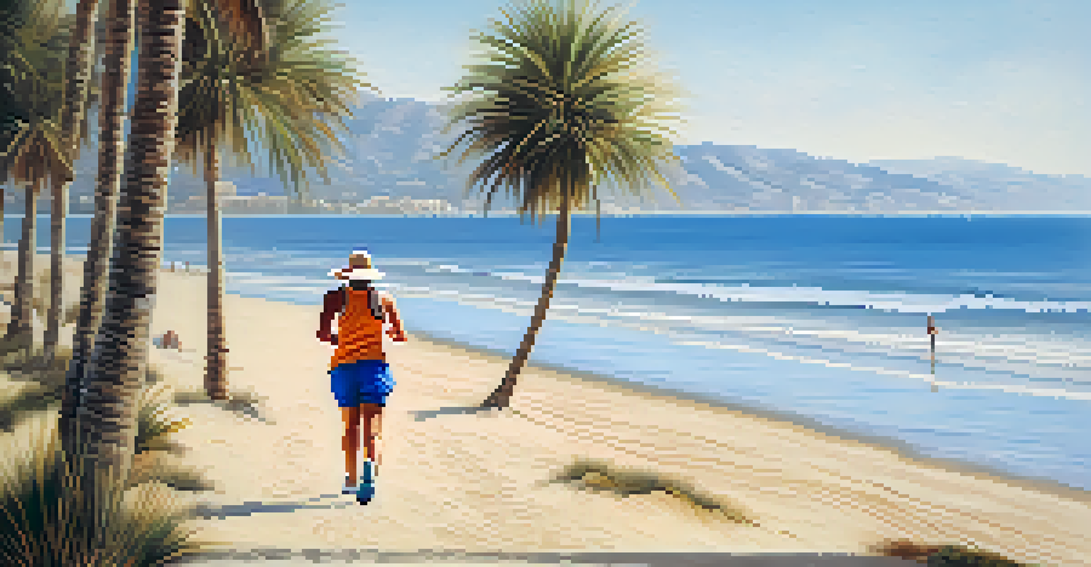 A jogger running along the sandy beach of Costa del Sol, with clear skies and gentle waves.