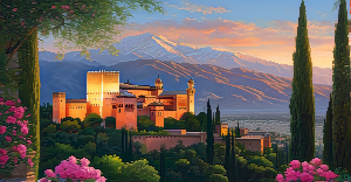 A view of the Alhambra palace during sunset, with intricate architecture and colorful flowers in the foreground.