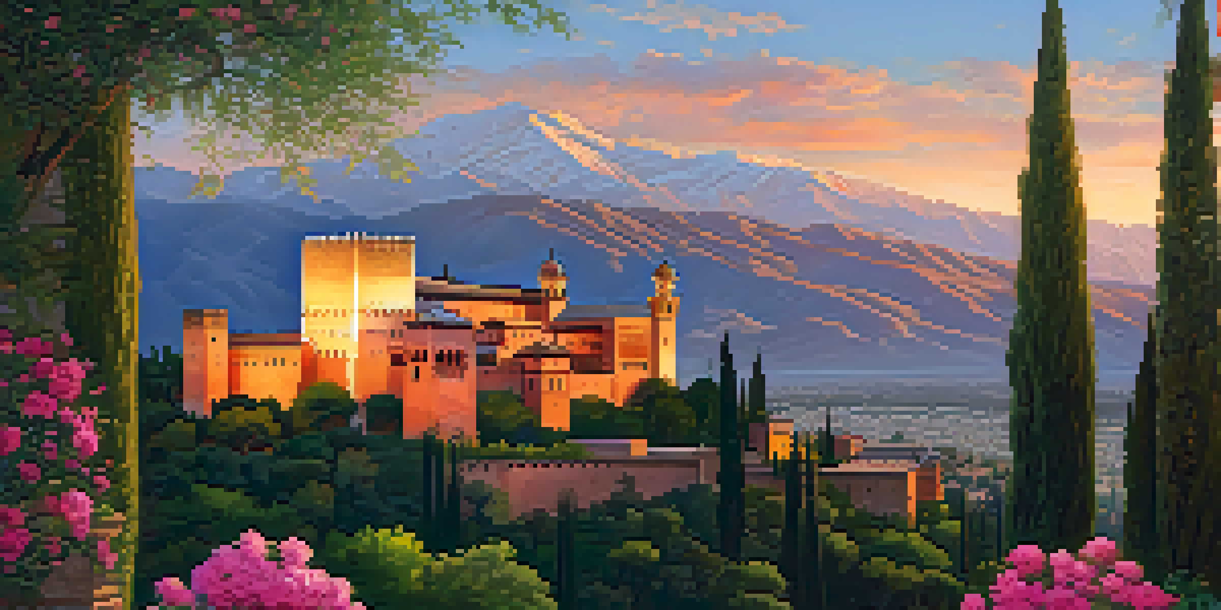 A view of the Alhambra palace during sunset, with intricate architecture and colorful flowers in the foreground.