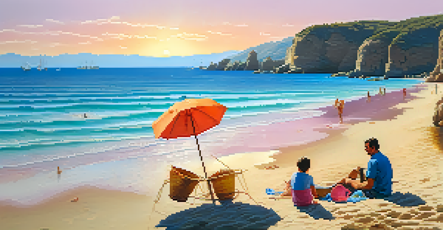 A beautiful Spanish beach with golden sands, rugged cliffs, families playing in the water, and a stunning sunset sky in shades of orange and pink.