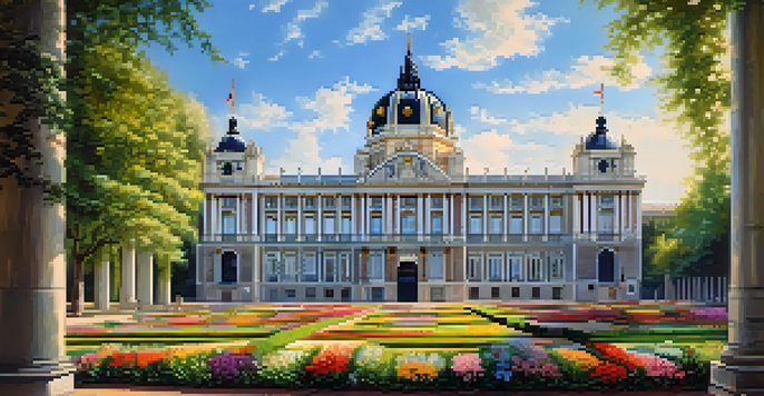 The Royal Palace of Madrid surrounded by beautiful gardens and bright blue sky.