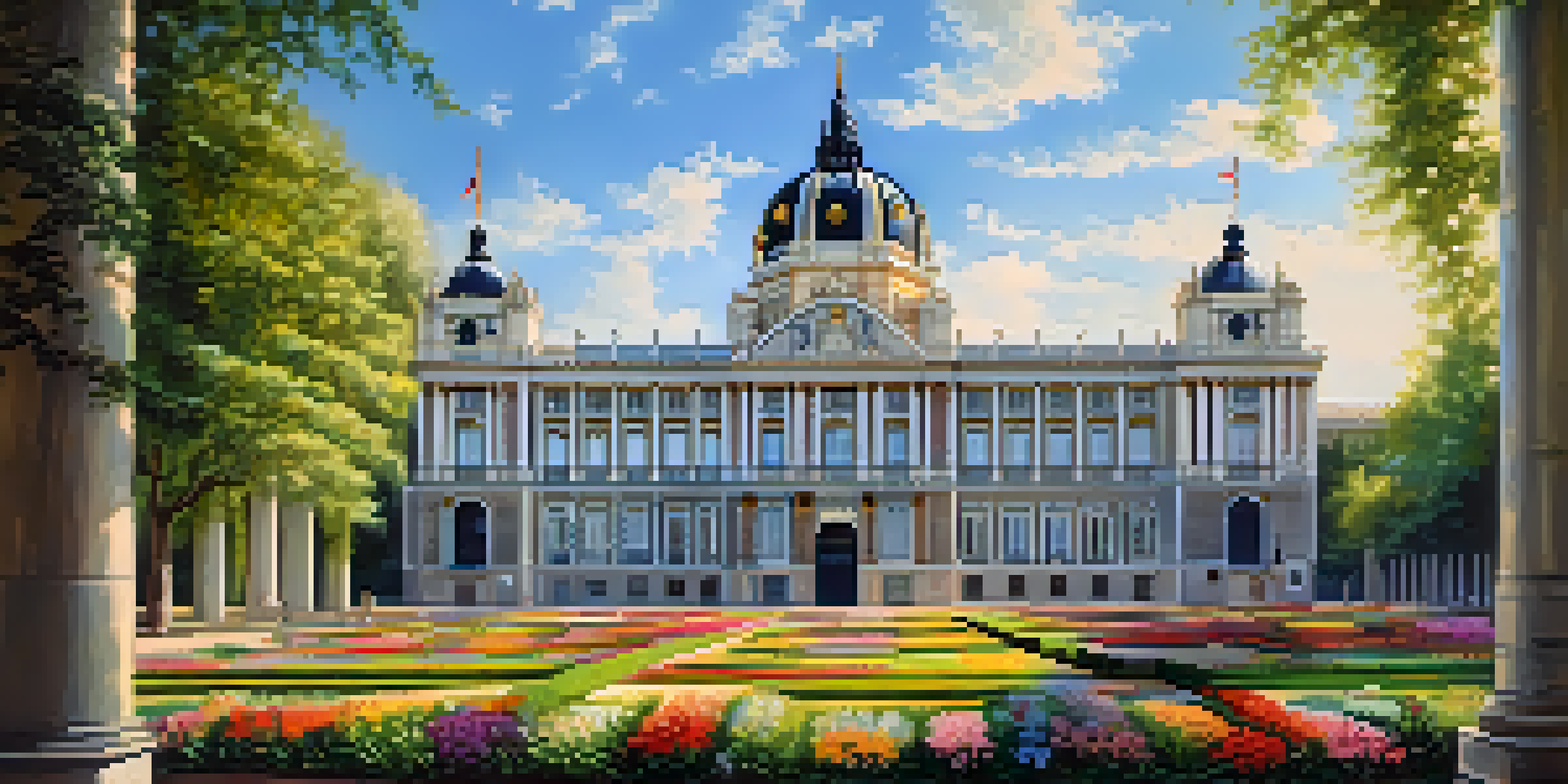 The Royal Palace of Madrid surrounded by beautiful gardens and bright blue sky.