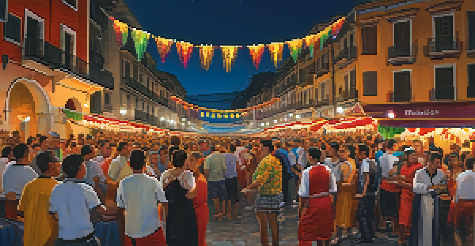 A festive evening at the San Fermín Festival with dancers, floats, and vibrant street vendors, all under the glow of lights and fireworks.