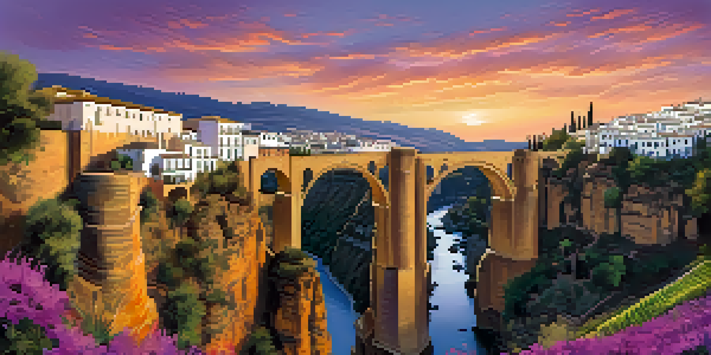A sunset view of Ronda, Spain, featuring the Puente Nuevo bridge over a gorge and whitewashed houses with colorful flowers.