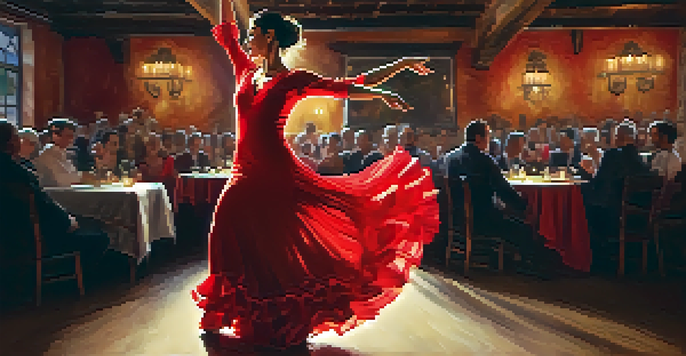 A Flamenco dancer in a red dress performing passionately, with warm lighting enhancing the scene.