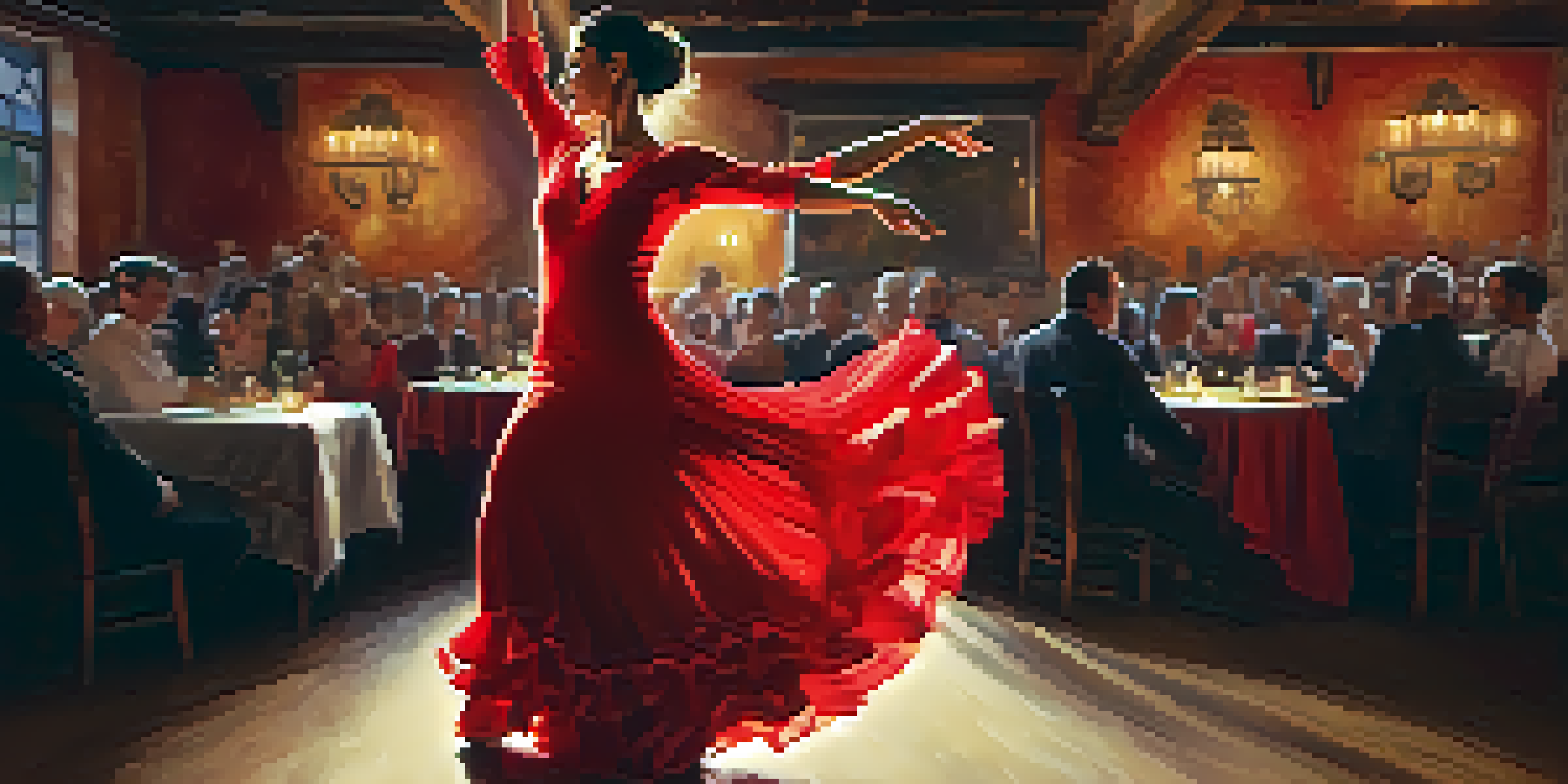 A Flamenco dancer in a red dress performing passionately, with warm lighting enhancing the scene.