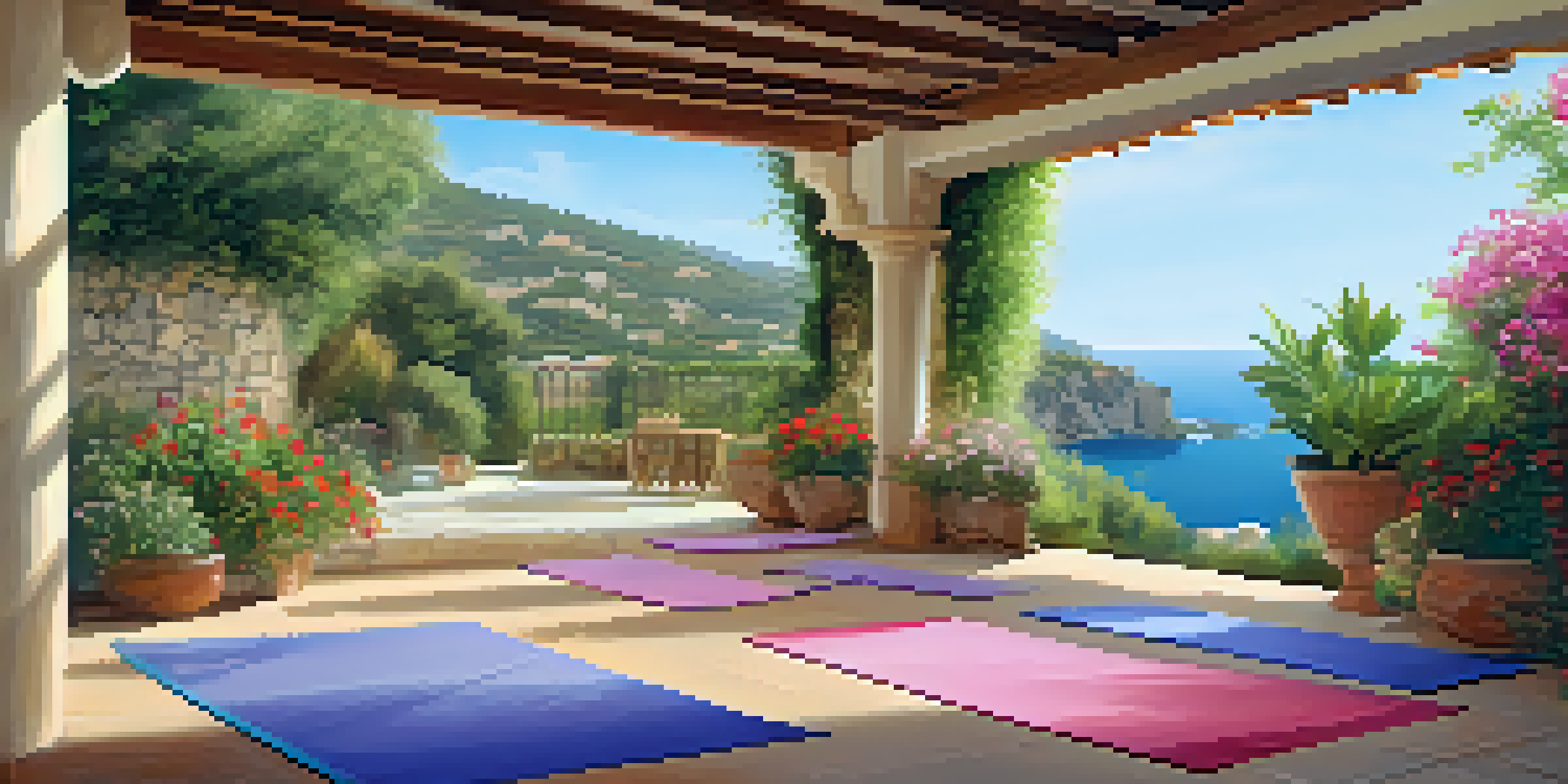 A peaceful outdoor yoga area at a wellness retreat overlooking the ocean, surrounded by greenery and flowers, with yoga mats laid out in soft morning light.