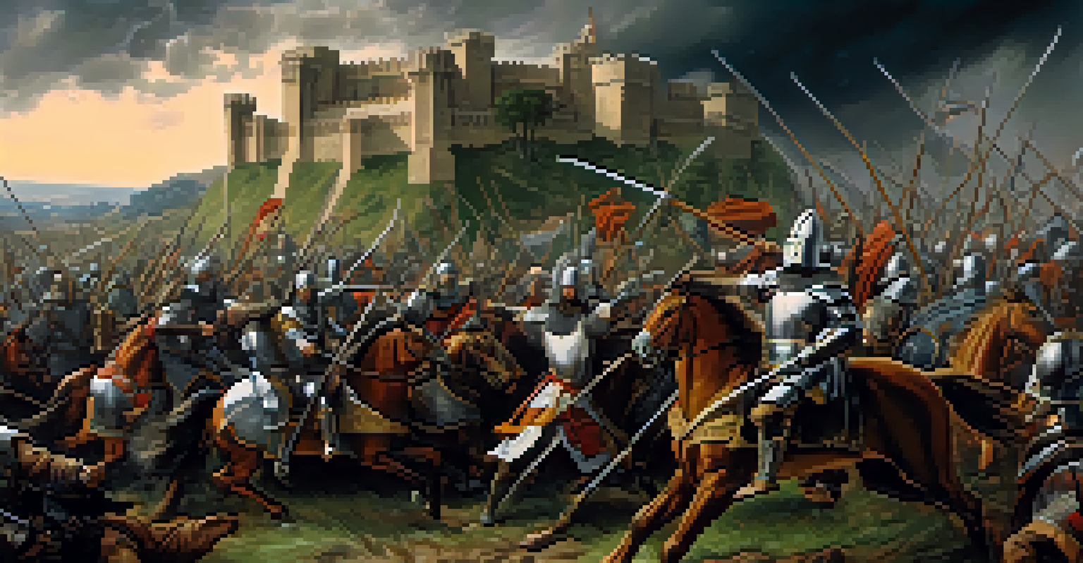 A dramatic battle scene from the Reconquista, showing Christian and Muslim warriors in conflict, with intricate details of armor and a castle in the background under a stormy sky.