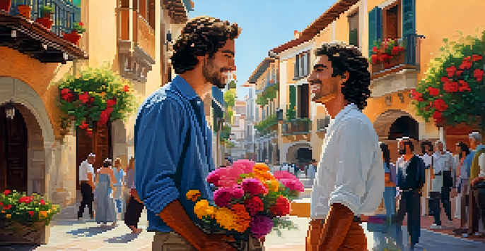 Two Spaniards greeting each other with kisses on the cheeks in a sunny plaza, showcasing bright flowers and traditional architecture.