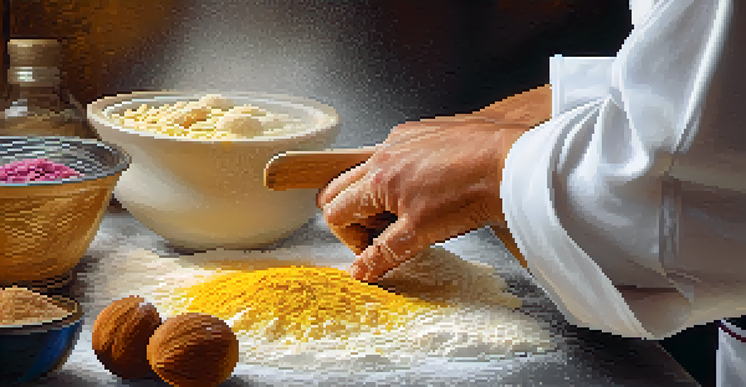 A chef's hands rolling dough for pastries, surrounded by flour and colorful ingredients like almonds and saffron.