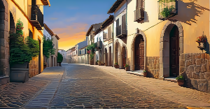 A beautiful sunset view of the Old Town in Cáceres, highlighting cobblestone streets and medieval architecture.