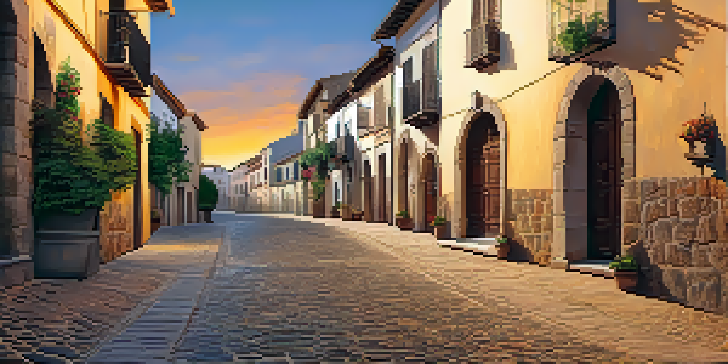 A beautiful sunset view of the Old Town in Cáceres, highlighting cobblestone streets and medieval architecture.