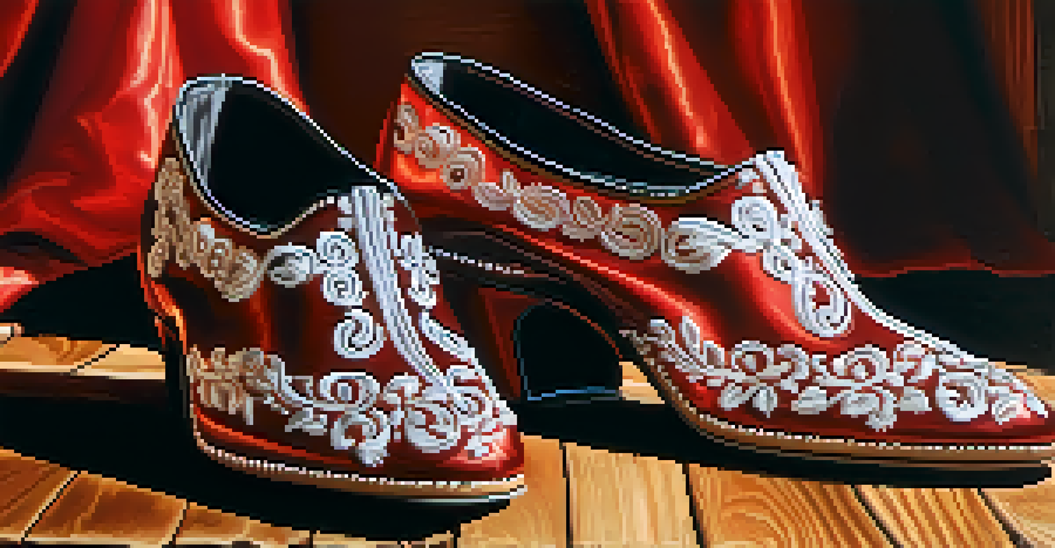 Close-up of flamenco shoes with embroidery on a wooden floor.