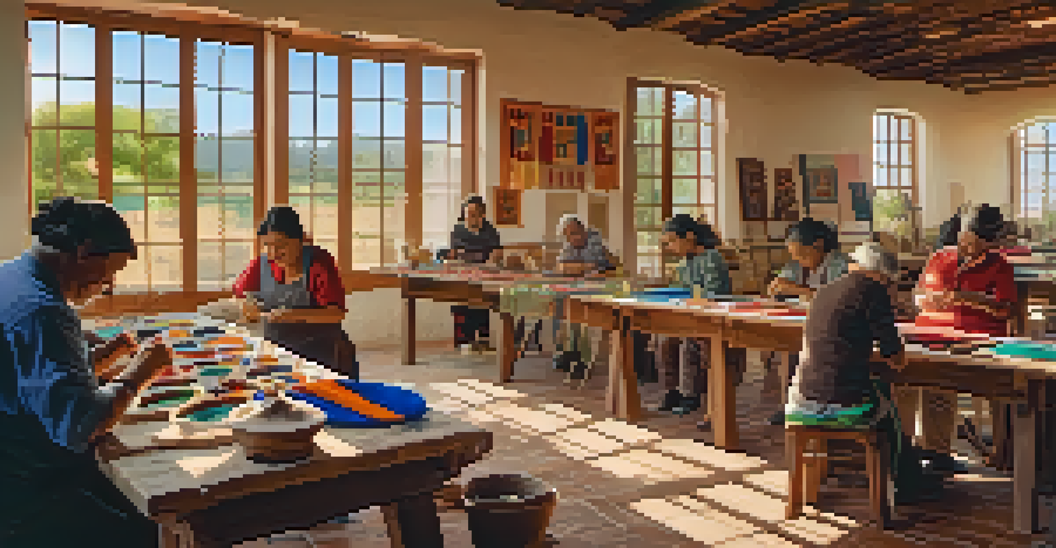 Local artisans teaching traditional Spanish crafts in a lively workshop filled with colorful materials and engaged participants.