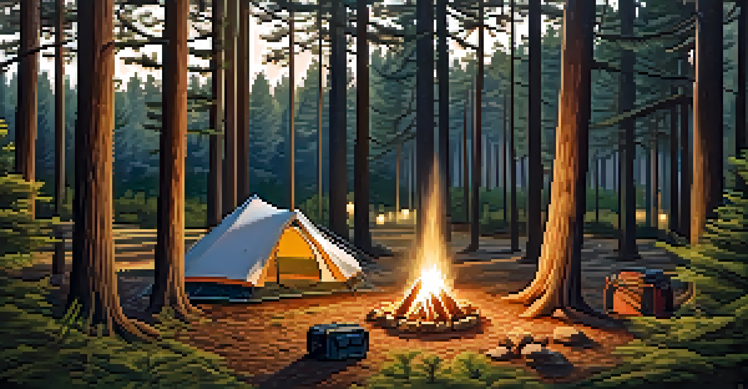 A cozy camping scene in a forest with a tent, campfire, and cooking gear, illuminated by evening sunlight.