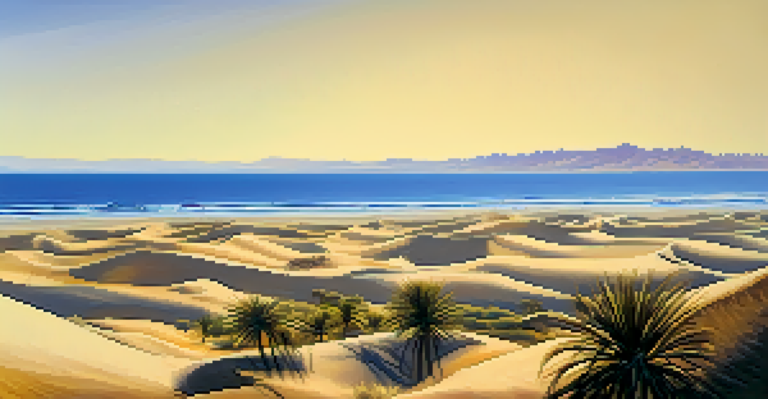 An aerial view of golden sand dunes of Maspalomas in Gran Canaria with the Atlantic Ocean in the background.