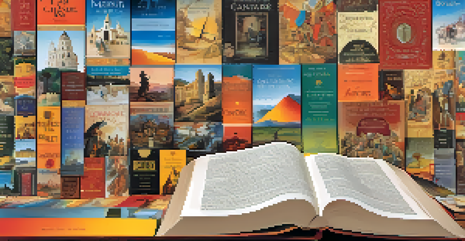 A collage of famous Spanish literary works with illustrated book covers and quotes, set against a colorful background.