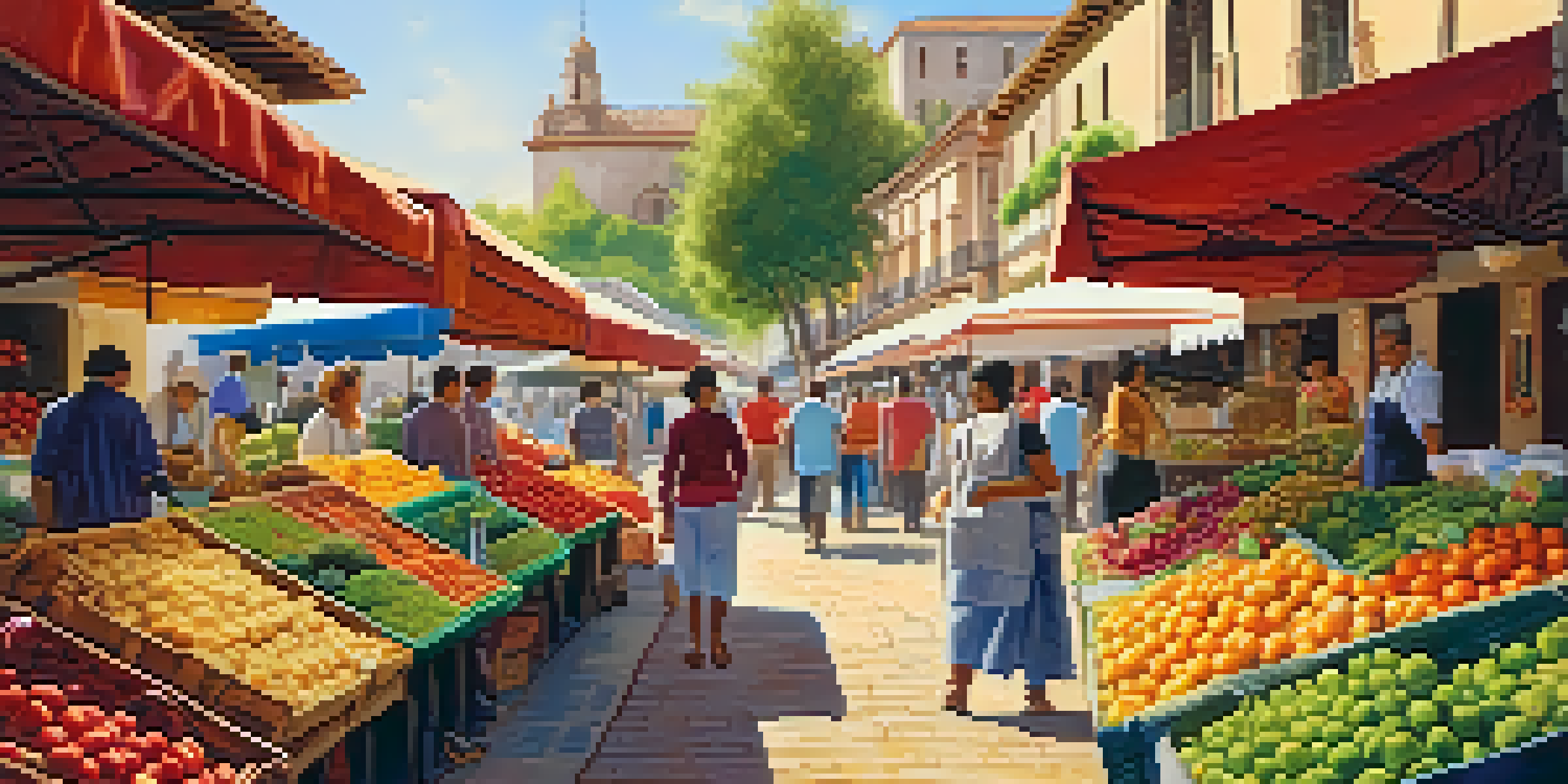 A bustling market scene in a Spanish-speaking country with vendors and colorful produce under warm sunlight.