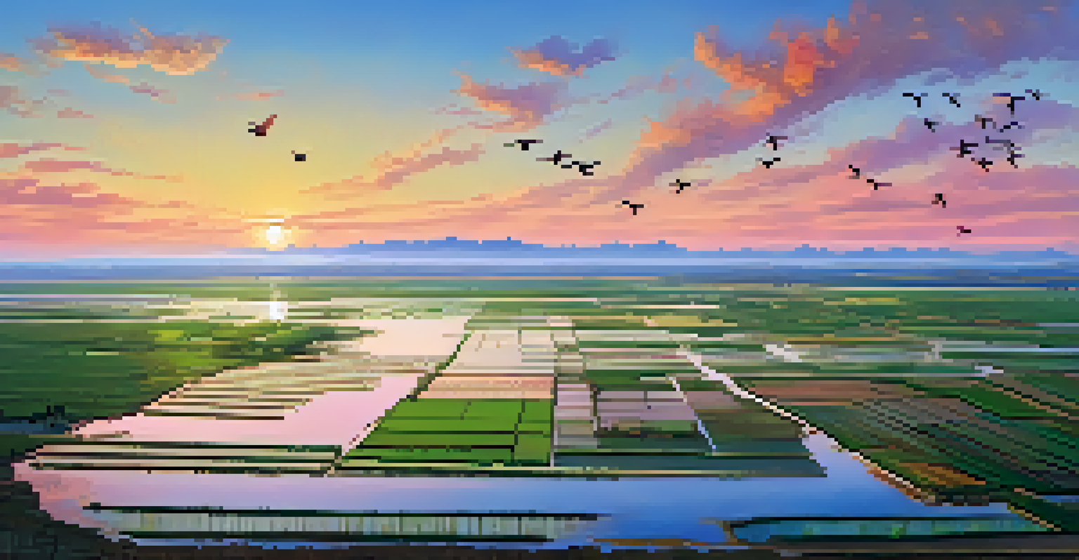Aerial view of Albufera Natural Park at sunrise, with lagoons reflecting colorful skies and rice fields extending below.