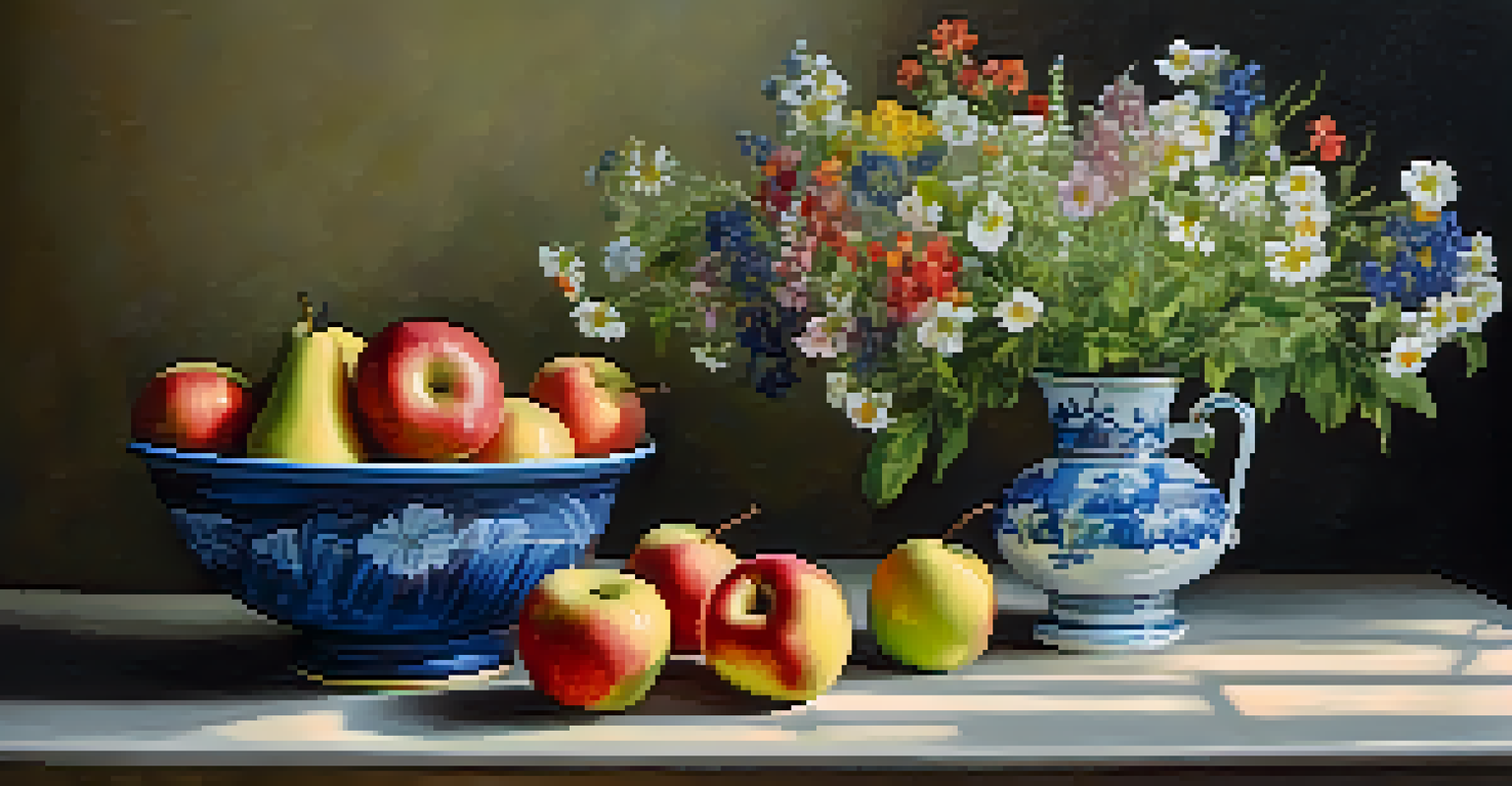A still life of a wooden table with a bouquet of wildflowers and ripe fruits, softly lit by natural light.