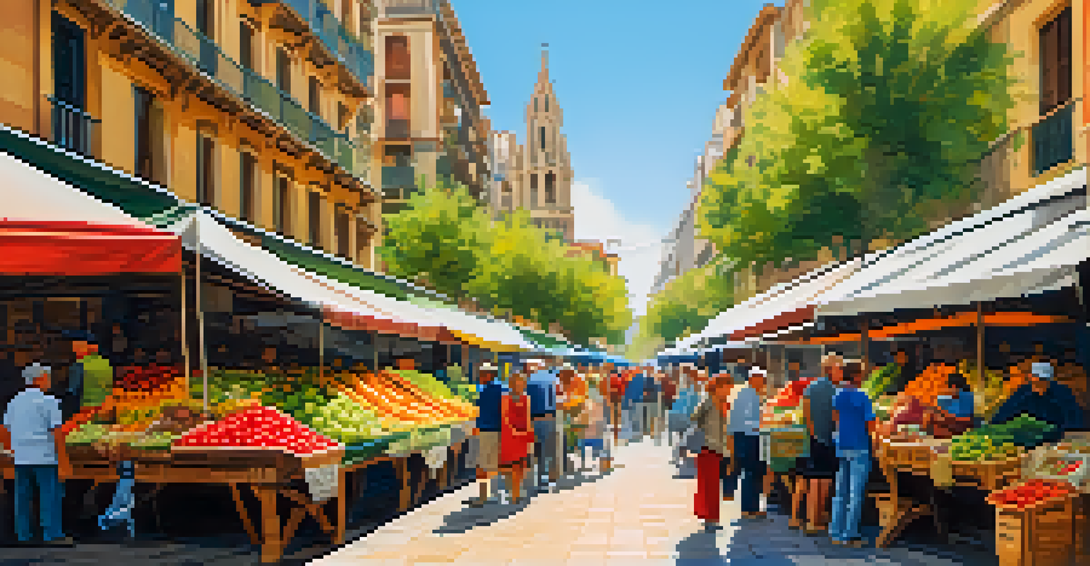 A bustling market in Barcelona with colorful fruits and vegetables.