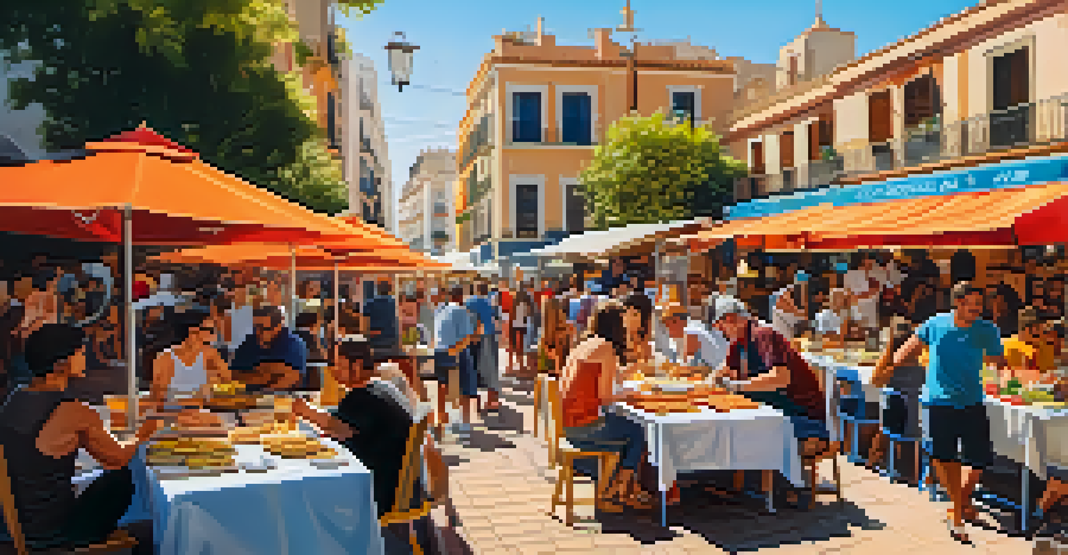 A lively street food scene with food trucks serving traditional Valencian dishes, capturing the essence of local culinary culture.