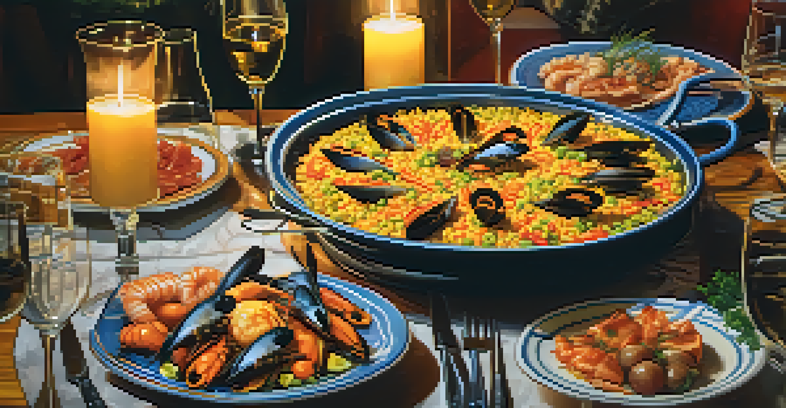 Close-up of traditional Catalan dishes at a restaurant, including paella and tapas, arranged on a rustic table.
