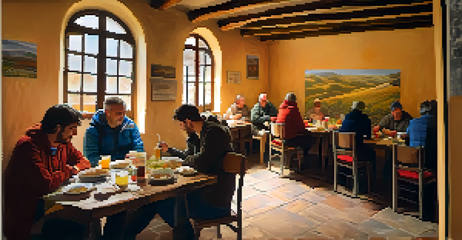 A cozy communal dining area in an albergue with pilgrims sharing stories over a meal.