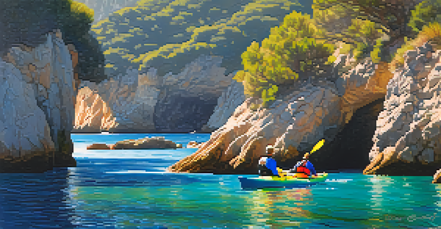 A kayaker paddling through the crystal waters of Costa Brava with cliffs and marine life visible beneath the surface.