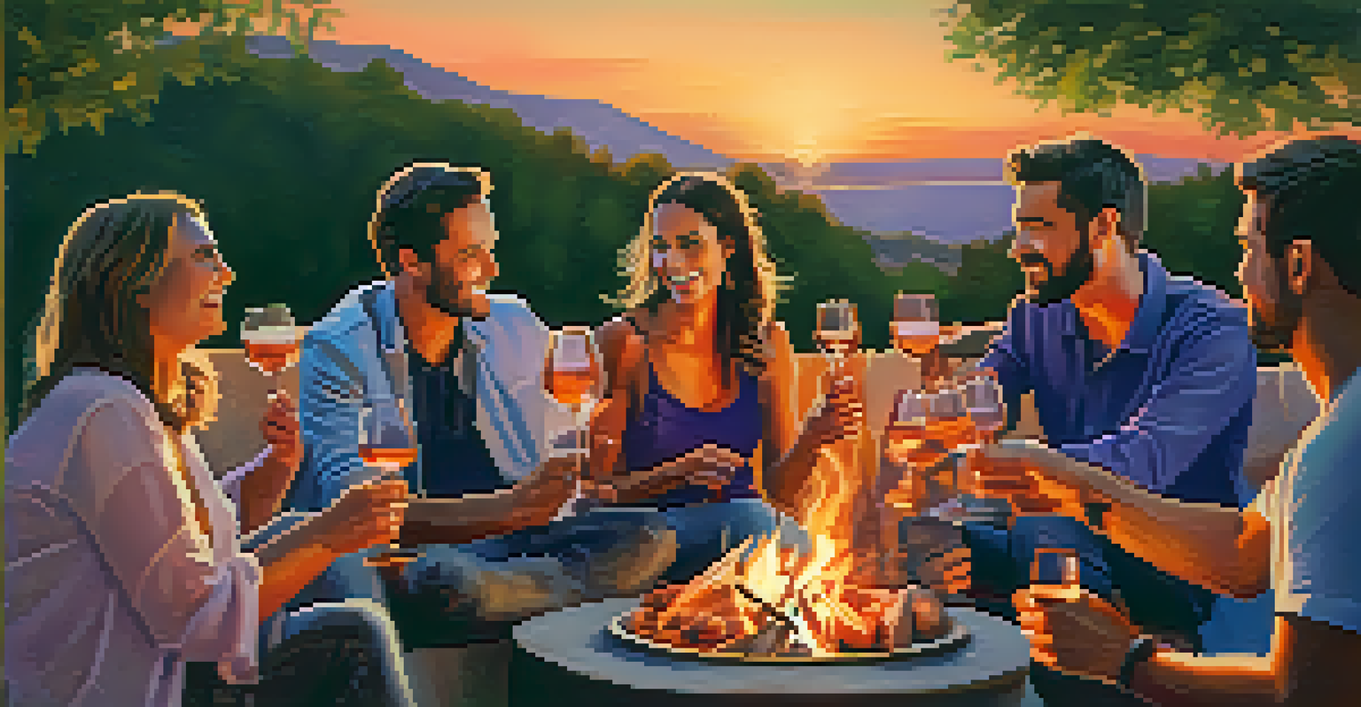 Friends gathered around a fire pit at sunset, sharing Spanish tapas and enjoying a joyful moment together.