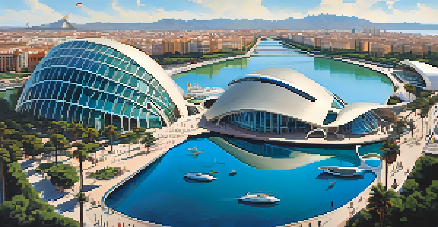 Aerial view of Valencia’s City of Arts and Sciences by the port, showcasing its modern architecture and blue waters.