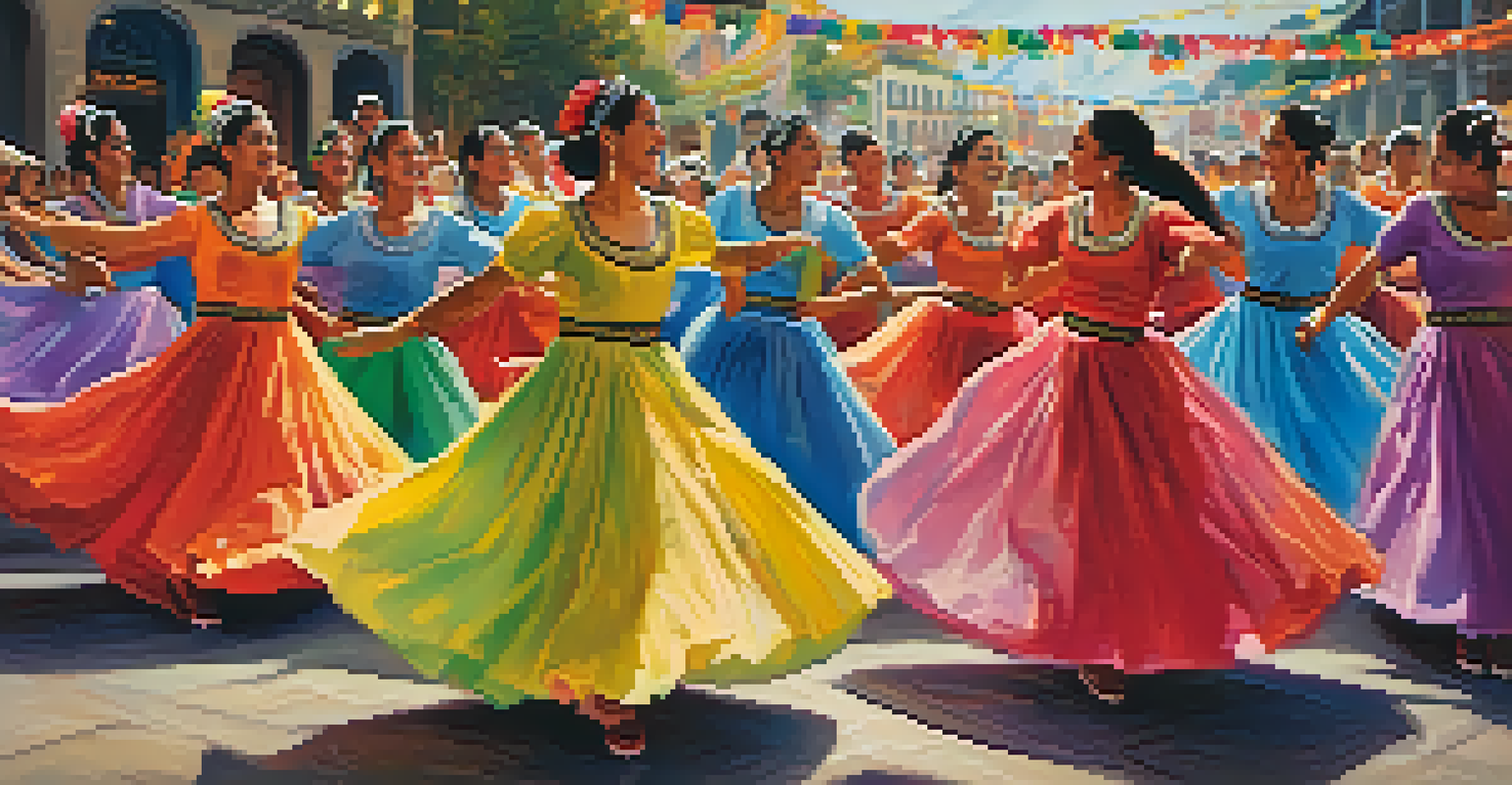 Dancers in colorful costumes performing during the San Isidro Festival, surrounded by a vibrant crowd and festive decorations.