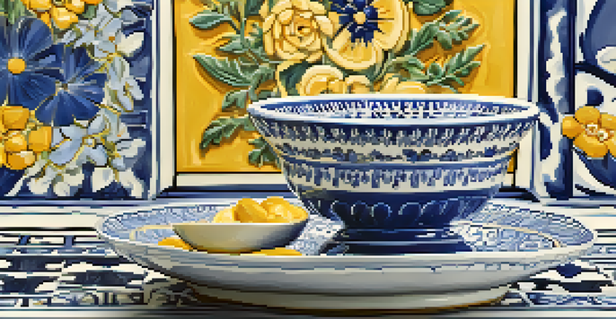A detailed close-up of a piece of Spanish majolica pottery featuring vibrant blue and yellow floral patterns.