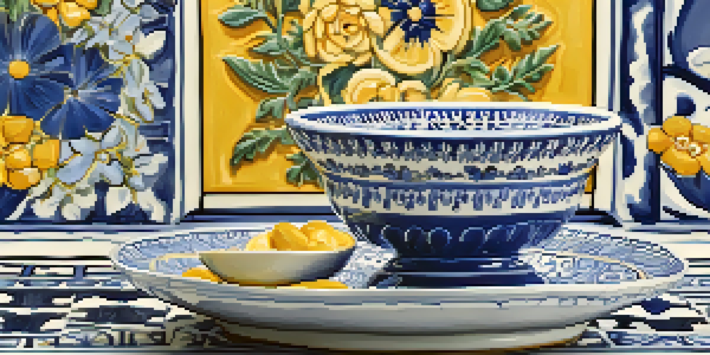 A detailed close-up of a piece of Spanish majolica pottery featuring vibrant blue and yellow floral patterns.