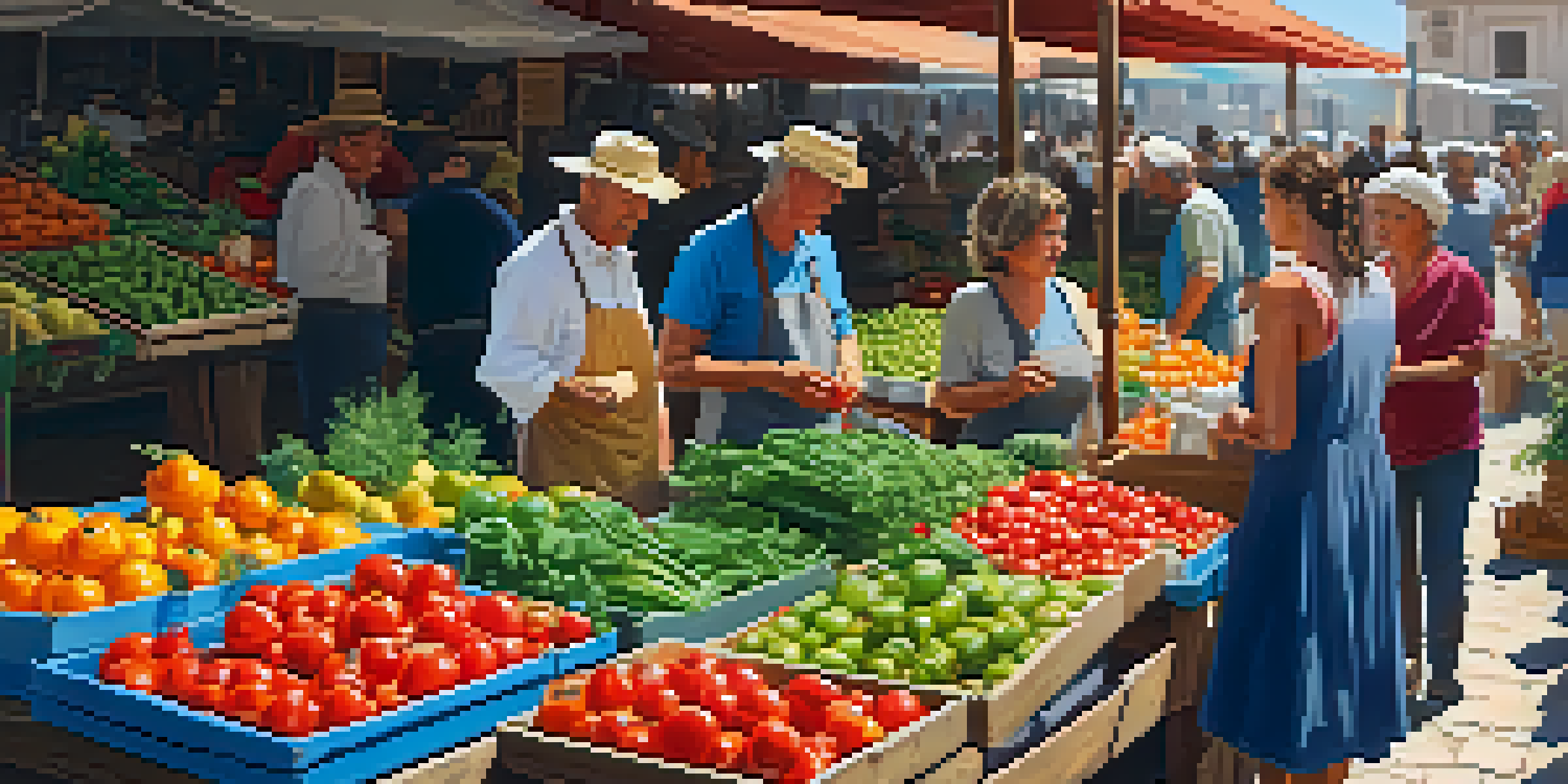 A lively farmers' market in Spain featuring colorful fruits and vegetables with local farmers selling their produce.