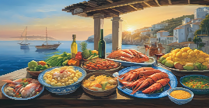 A picturesque Mediterranean scene featuring fresh seafood on a table, with a sunset over the ocean.
