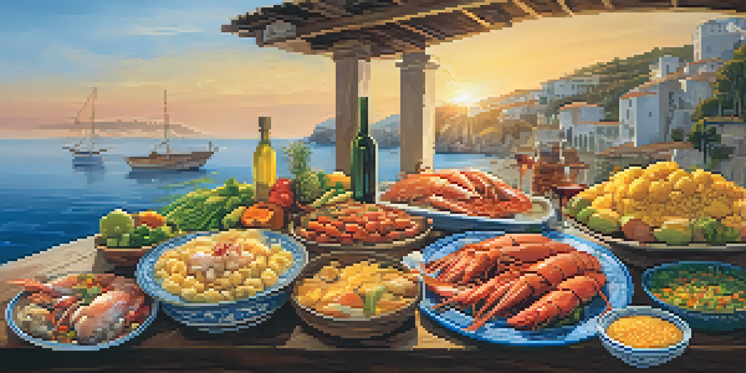 A picturesque Mediterranean scene featuring fresh seafood on a table, with a sunset over the ocean.