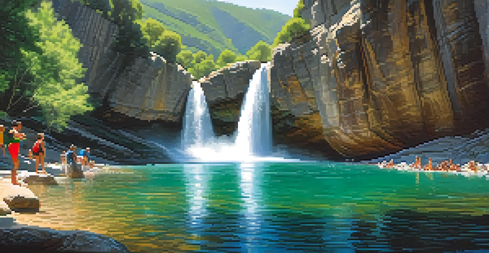 A scenic view of a canyon in the Pyrenees with a waterfall and people in wetsuits ready to jump into the water.