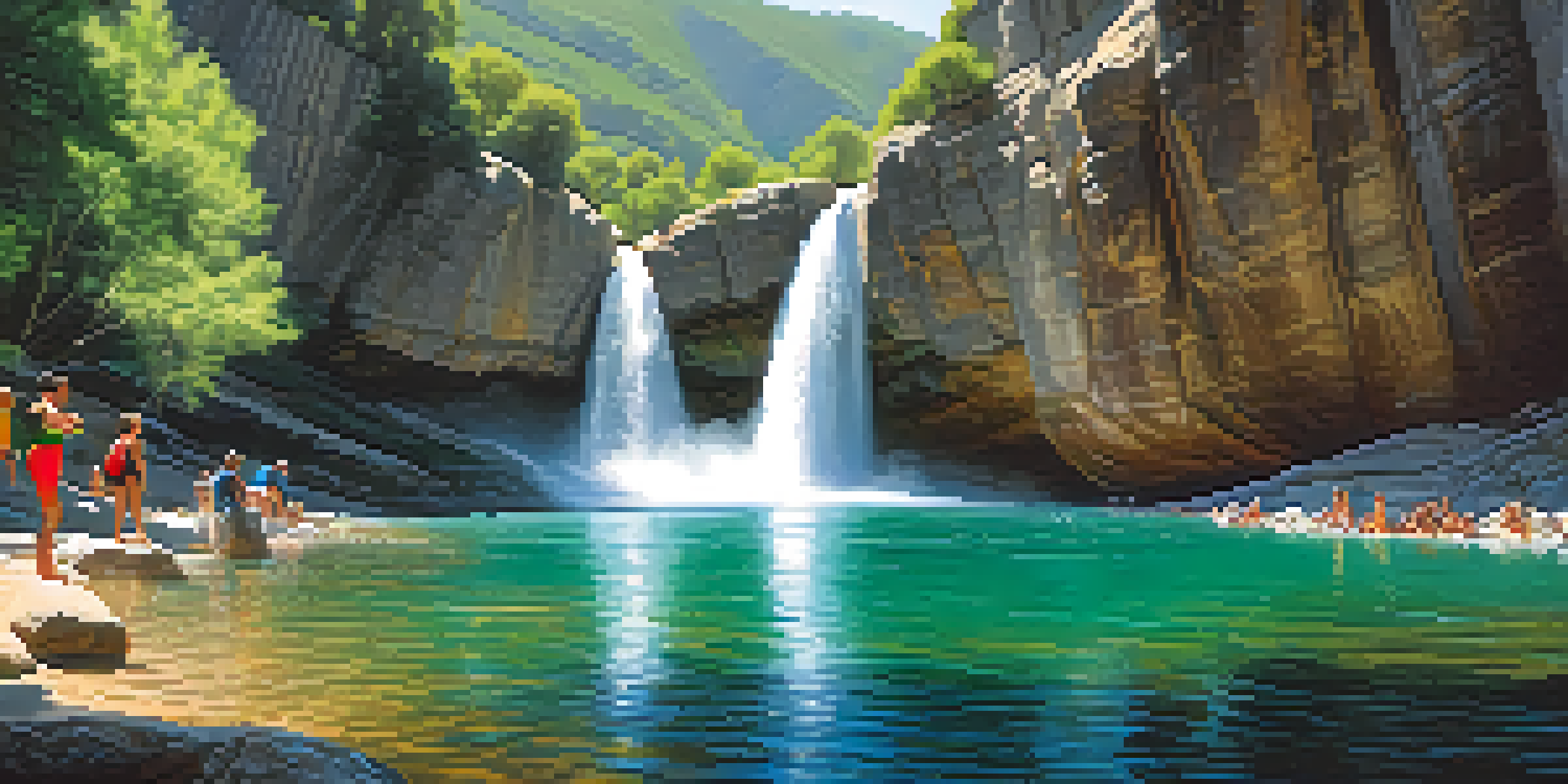 A scenic view of a canyon in the Pyrenees with a waterfall and people in wetsuits ready to jump into the water.