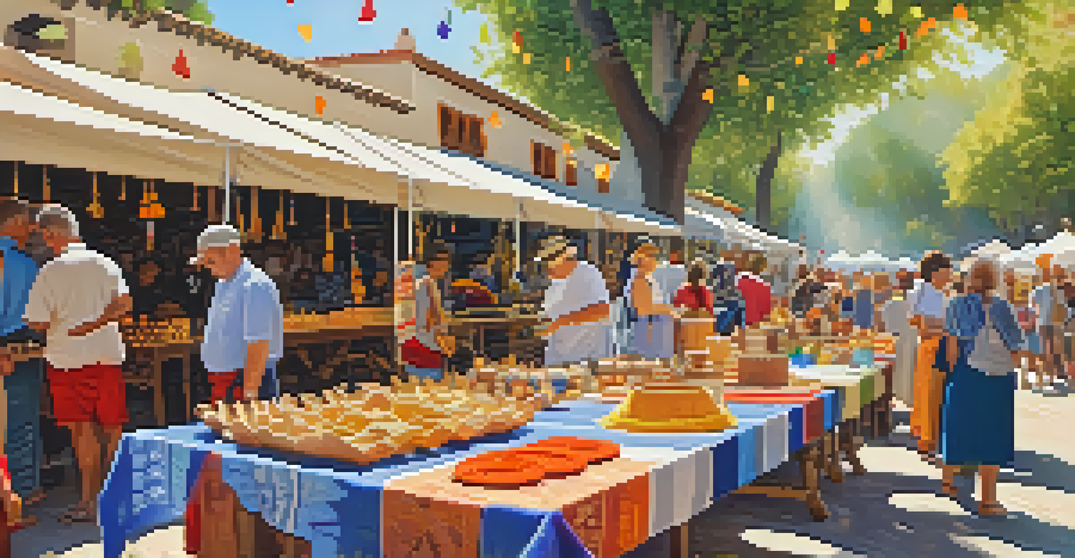 Artisans showcasing traditional crafts and delicacies at a Reconquista festival, with colorful decorations in the background.