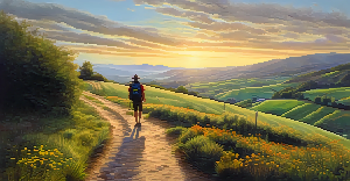 A lone pilgrim walking along a winding path in a lush green landscape at sunrise, with wildflowers and distant mountains.