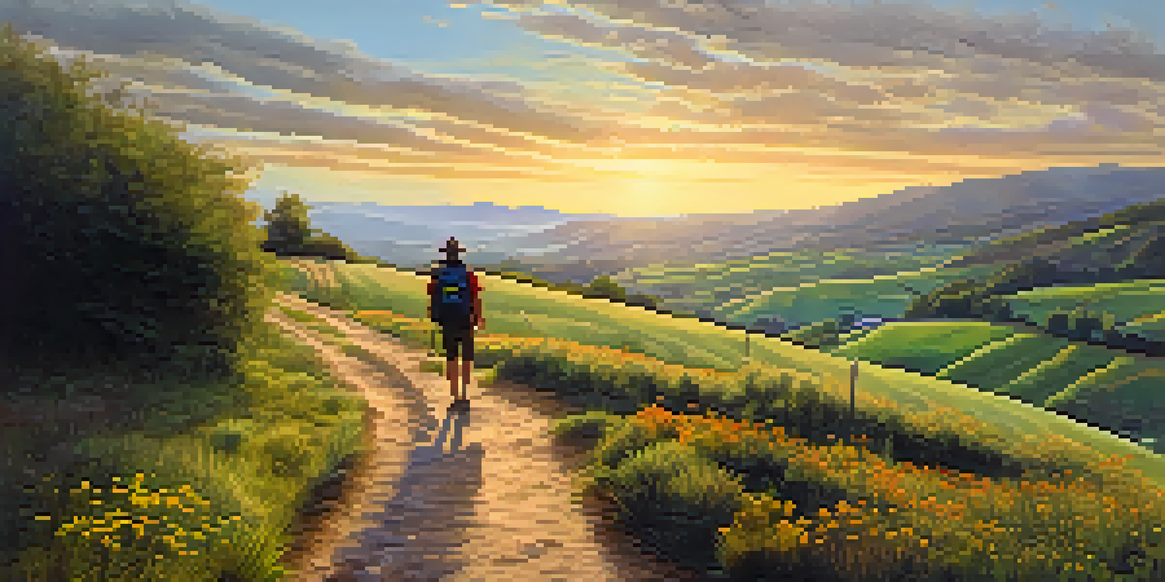 A lone pilgrim walking along a winding path in a lush green landscape at sunrise, with wildflowers and distant mountains.