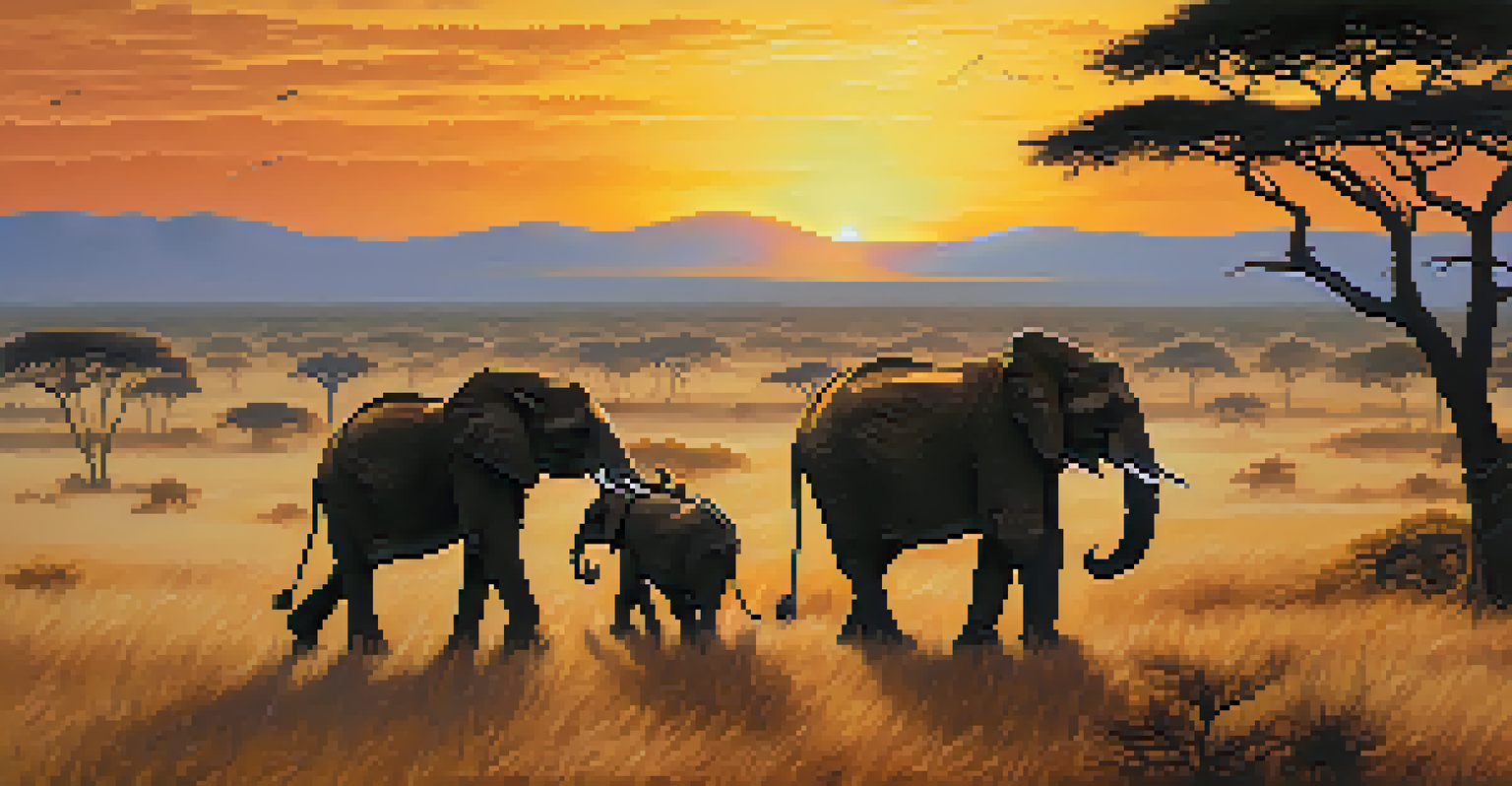 Travelers observing elephants in a savannah during sunset, highlighting wildlife in their natural habitat.