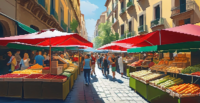 A lively artisan market in Barcelona with colorful food stalls and people shopping.