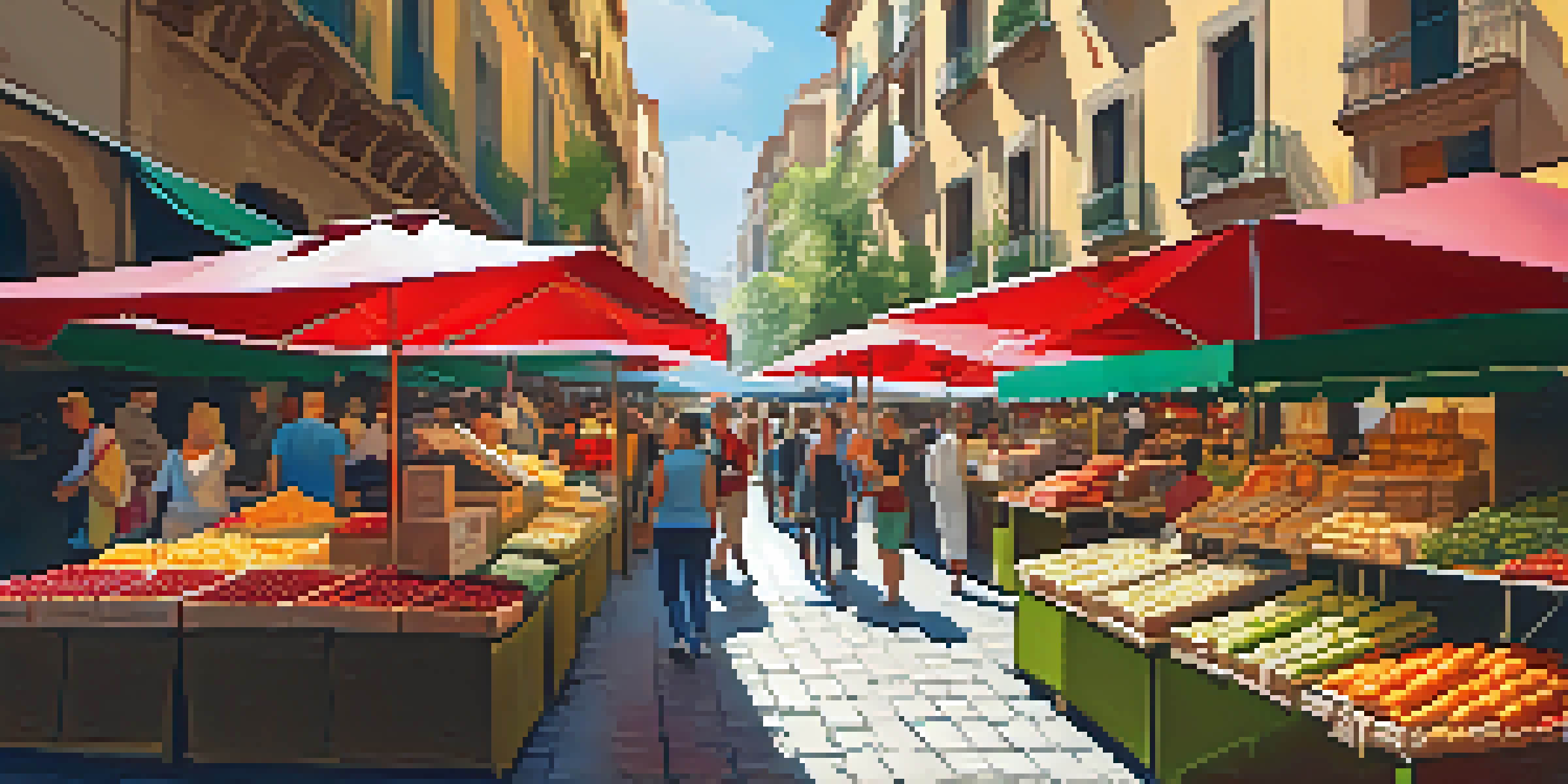 A lively artisan market in Barcelona with colorful food stalls and people shopping.