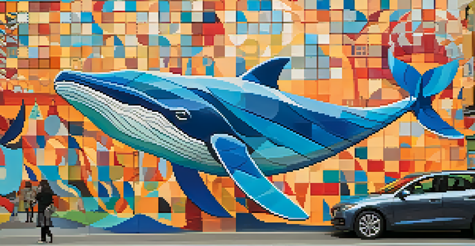 A large mural depicting a blue whale and geometric shapes in vibrant colors on a city wall in Barcelona.
