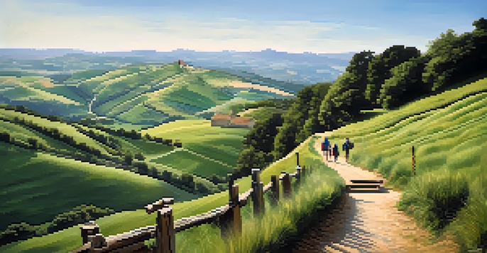 A scenic view of the Camino de Santiago with pilgrims walking along a winding path through green hills.