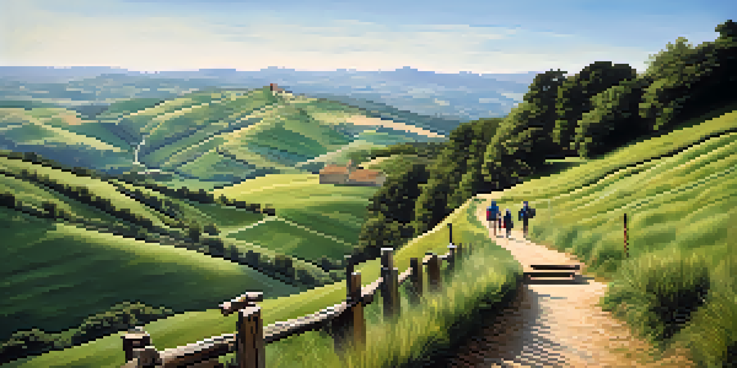 A scenic view of the Camino de Santiago with pilgrims walking along a winding path through green hills.