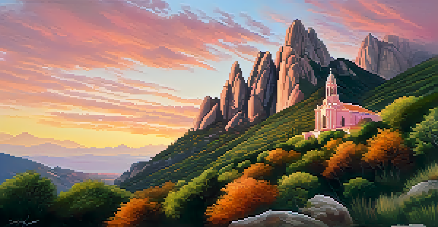 The Montserrat mountains with a chapel in the foreground during a vibrant sunset, highlighting nature and spirituality.
