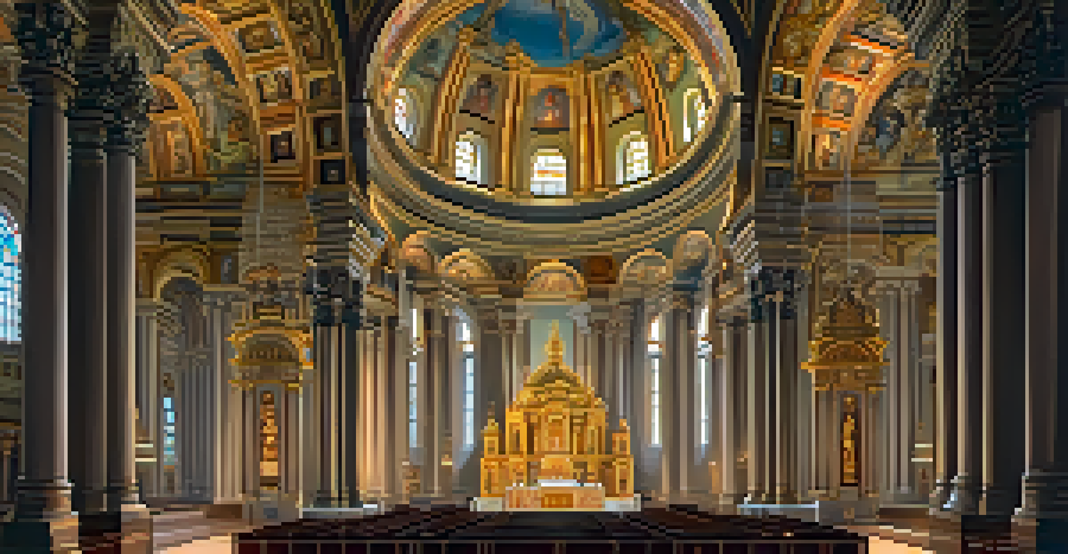 An interior view of the Basilica of Our Lady of the Pillar, highlighting the main altar with gold carvings and colorful frescoes under soft candlelight.